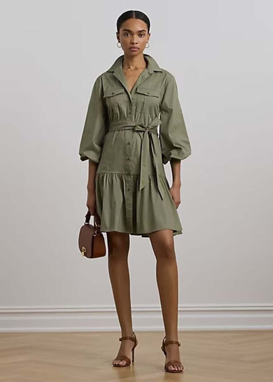 Lauren Ralph Lauren Size 6 Sage Green Cotton Blend Belted Utility Shirt Dress